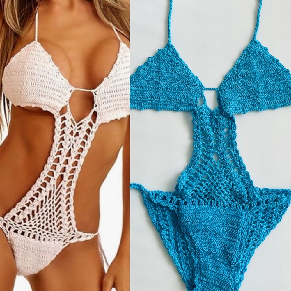 CROCHET MONOKINI—-SIZE SMALL—NEVER WORN—VERY SEXY—FULLY LINED—TURQUOISE